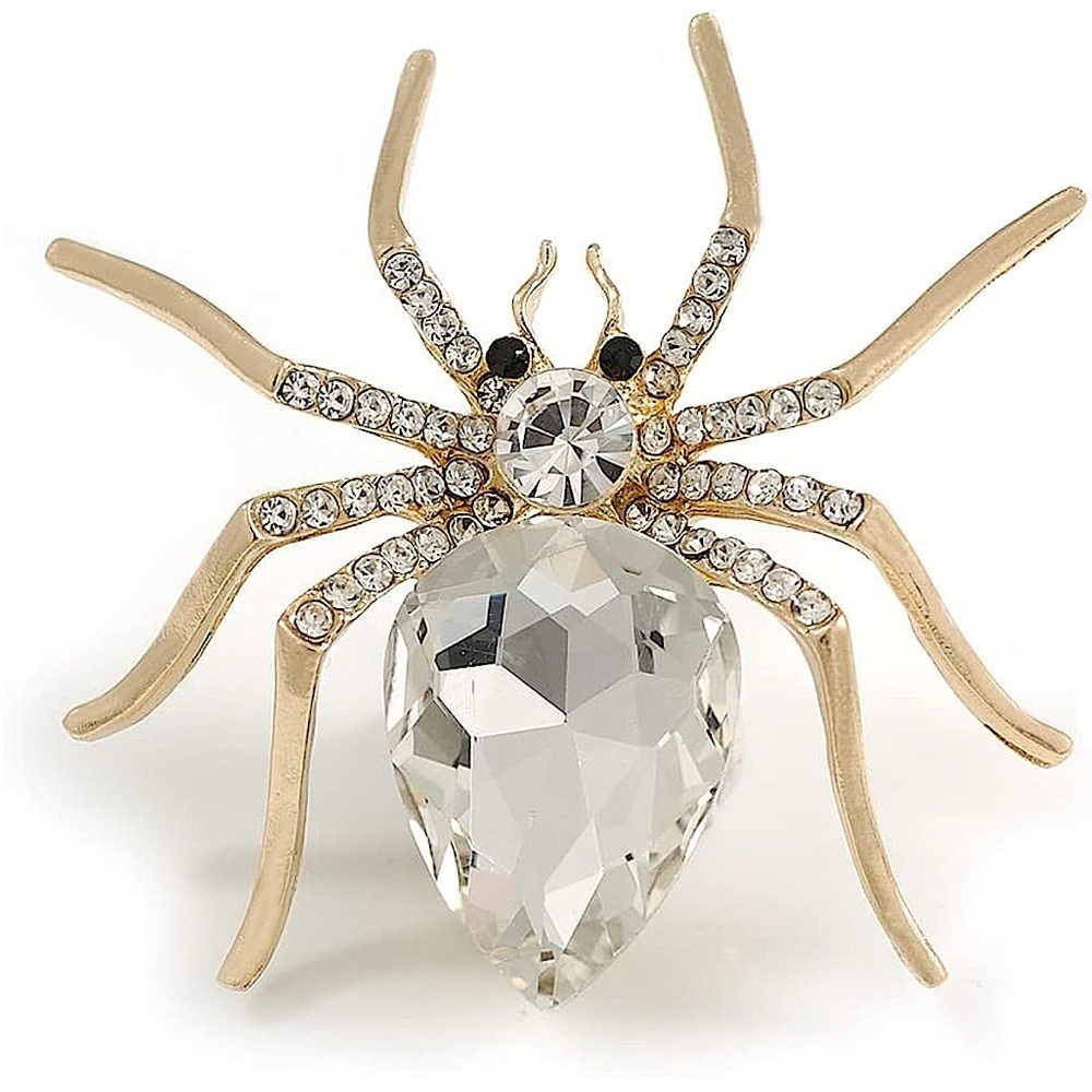 Elegant Statement Clear Crystal Spider Brooch In Gold Tone